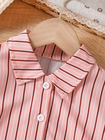 Young Girls Striped Print Button Front Shirt