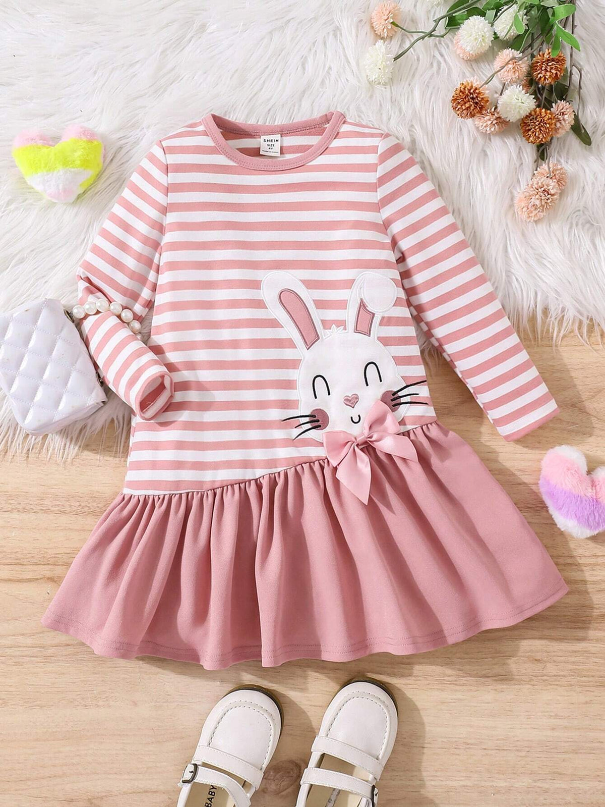 Young Girls Striped Round Neck Patchwork Solid Color Ruffle Hem Rabbit Pattern Knit Casual Dress