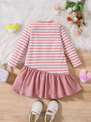 Young Girls Striped Round Neck Patchwork Solid Color Ruffle Hem Rabbit Pattern Knit Casual Dress