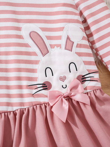 Young Girls Striped Round Neck Patchwork Solid Color Ruffle Hem Rabbit Pattern Knit Casual Dress