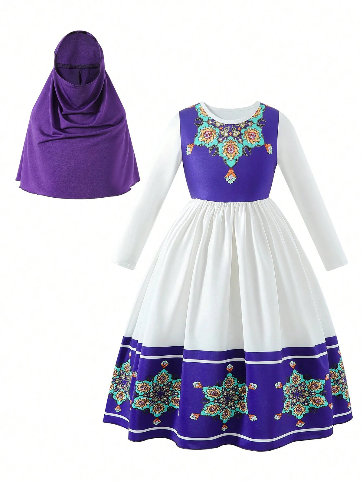 Young Girl's Style Casual Color Block Printed Long Sleeve Dress And Face Cover Set