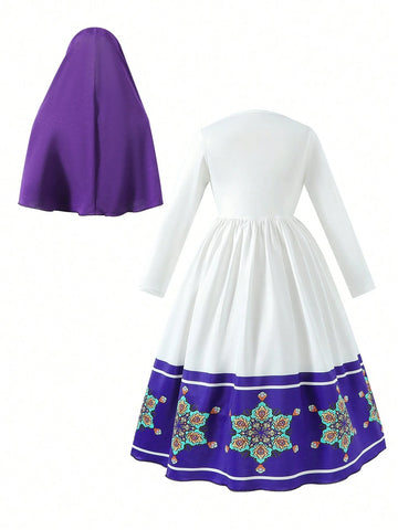 Young Girl's Style Casual Color Block Printed Long Sleeve Dress And Face Cover Set