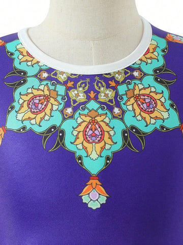 Young Girl's Style Casual Color Block Printed Long Sleeve Dress And Face Cover Set