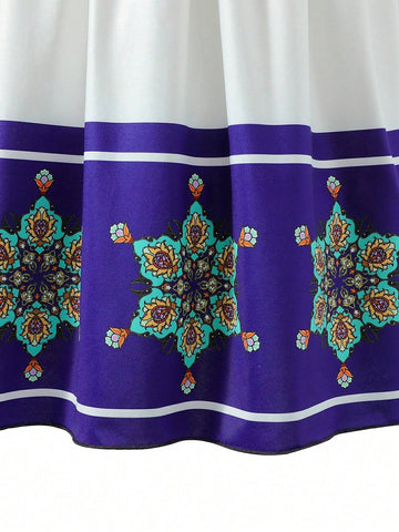 Young Girl's Style Casual Color Block Printed Long Sleeve Dress And Face Cover Set