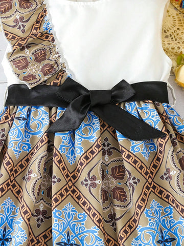 Young Girl's Style Floral Printed Patchwork Asymmetric Ruffled Sleeveless Dress With Belt For Summer