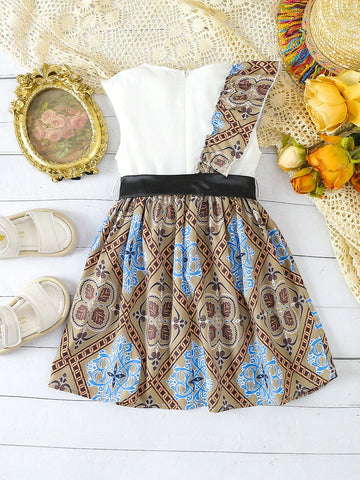 Young Girl's Style Floral Printed Patchwork Asymmetric Ruffled Sleeveless Dress With Belt For Summer