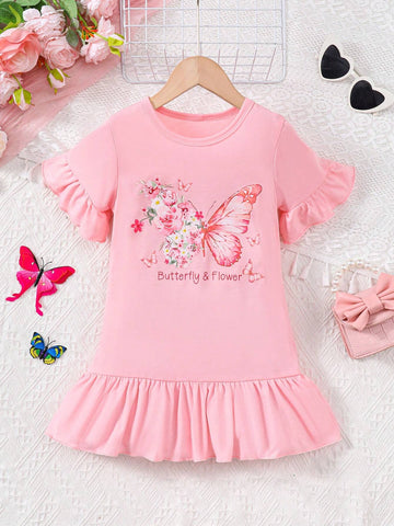 Young Girl's Stylish Butterfly Printed Ruffle Sleeve Dress