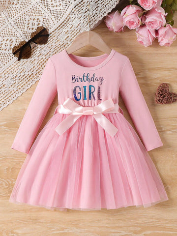Young Girls' Stylish Dress With Letter Print, Bow Belt And Long Sleeves