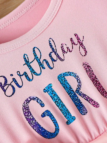 Young Girls' Stylish Dress With Letter Print, Bow Belt And Long Sleeves