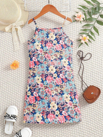 Young Girl's Stylish Floral Printed Spaghetti Strap Dress, Casual & Versatile, Summer