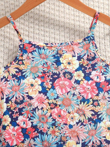 Young Girl's Stylish Floral Printed Spaghetti Strap Dress, Casual & Versatile, Summer