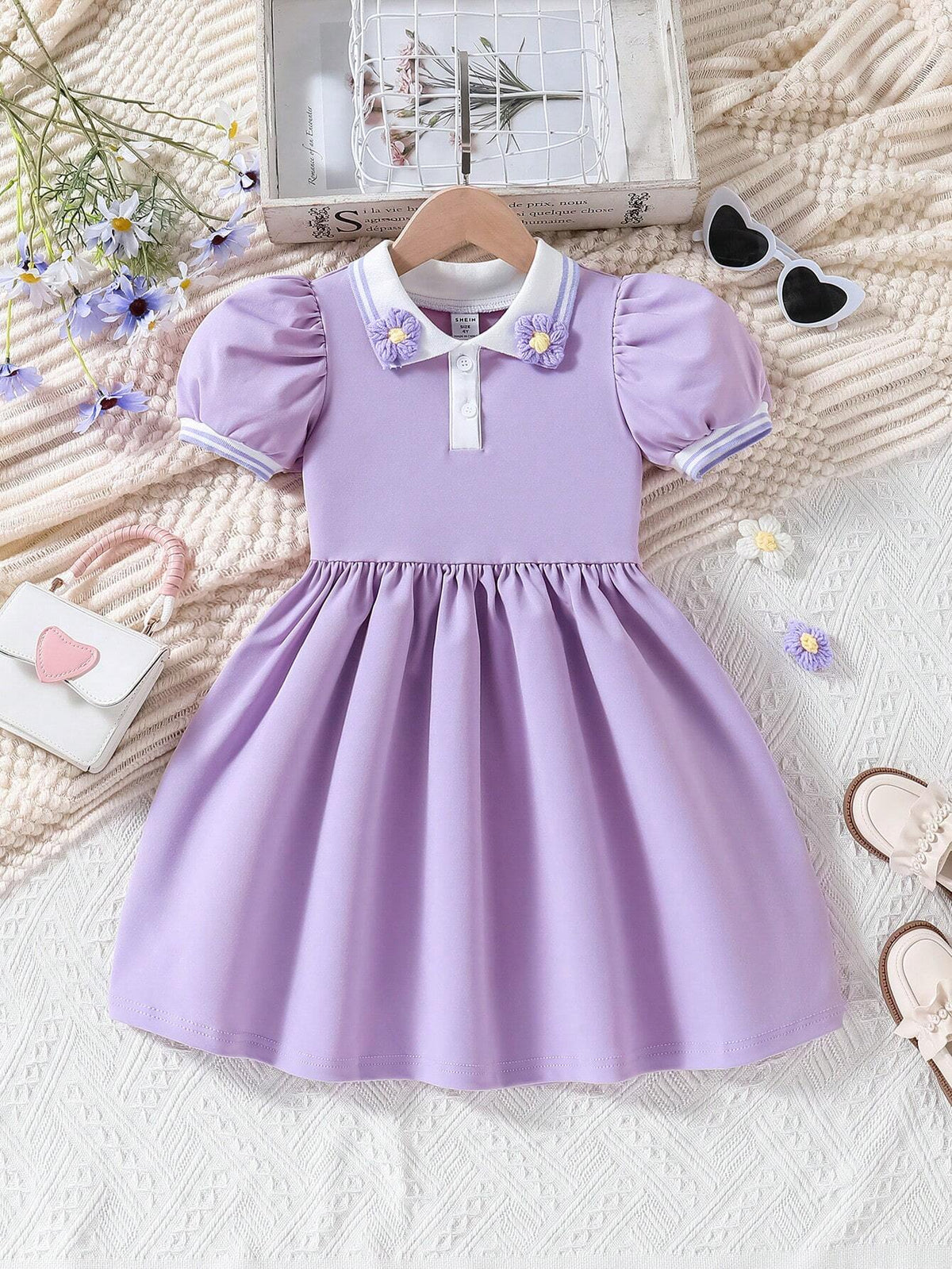 Young Girls" Stylish Purple Bubble Sleeve Dress With Flower Decoration