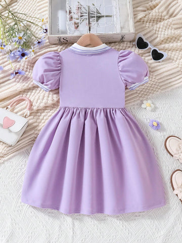 Young Girls" Stylish Purple Bubble Sleeve Dress With Flower Decoration