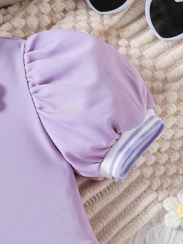 Young Girls" Stylish Purple Bubble Sleeve Dress With Flower Decoration