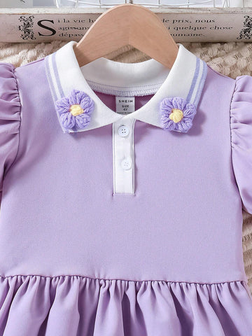 Young Girls" Stylish Purple Bubble Sleeve Dress With Flower Decoration