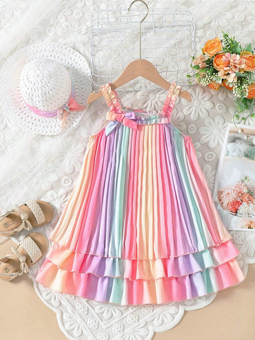 Young Girls' Stylish Rainbow Strap Ruffled Dress With Hat For Summer
