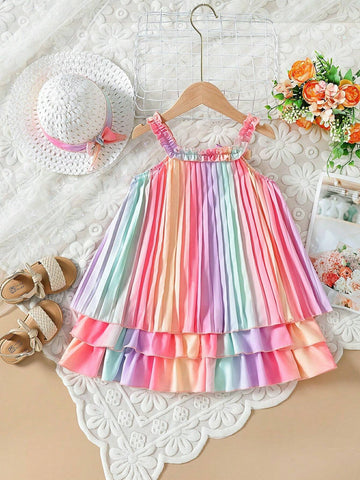 Young Girls' Stylish Rainbow Strap Ruffled Dress With Hat For Summer