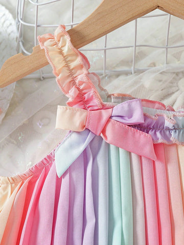 Young Girls' Stylish Rainbow Strap Ruffled Dress With Hat For Summer