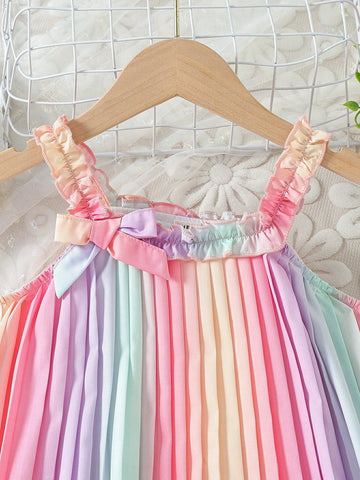 Young Girls' Stylish Rainbow Strap Ruffled Dress With Hat For Summer