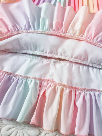 Young Girls' Stylish Rainbow Strap Ruffled Dress With Hat For Summer