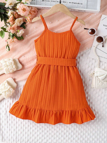 Young Girl's Stylish Vacation Belted Cami Dress