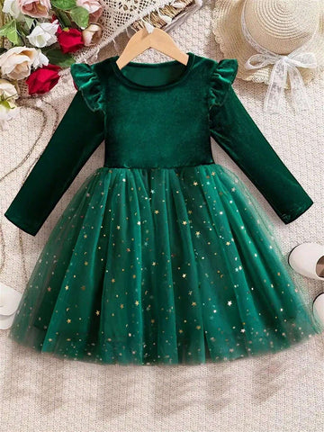 Young Girls Stylish & Casual Long Flutter Sleeve Velvet Stars Pattern Mesh Spliced Dress For Christmas Party, As Birthday Gifts, Outdoor Cloth