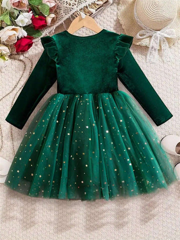 Young Girls Stylish & Casual Long Flutter Sleeve Velvet Stars Pattern Mesh Spliced Dress For Christmas Party, As Birthday Gifts, Outdoor Cloth