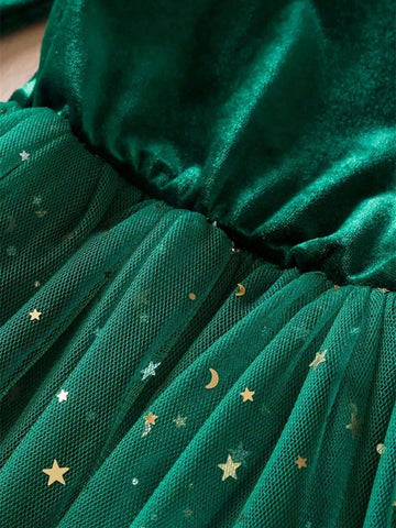 Young Girls Stylish & Casual Long Flutter Sleeve Velvet Stars Pattern Mesh Spliced Dress For Christmas Party, As Birthday Gifts, Outdoor Cloth