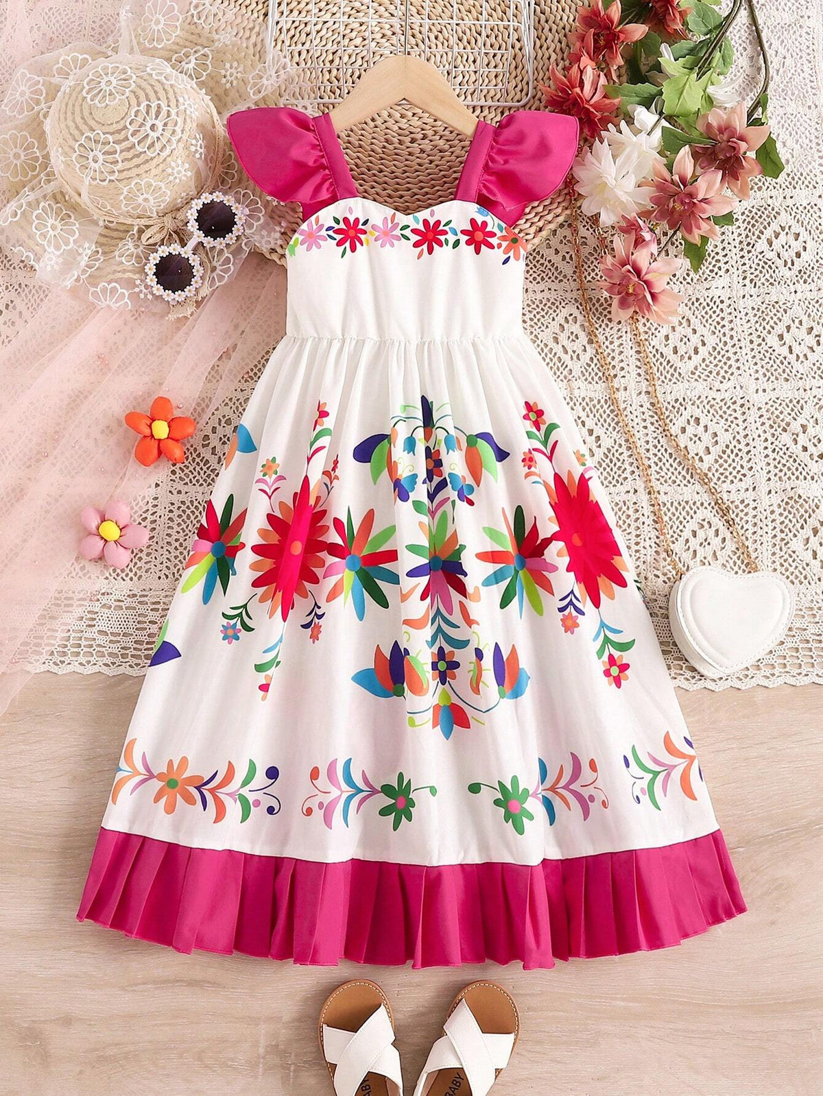 Young Girls' Stylish & Cute Floral Print Ruffle Armhole Dress With Vacation Style, Summer