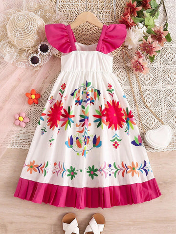 Young Girls' Stylish & Cute Floral Print Ruffle Armhole Dress With Vacation Style, Summer