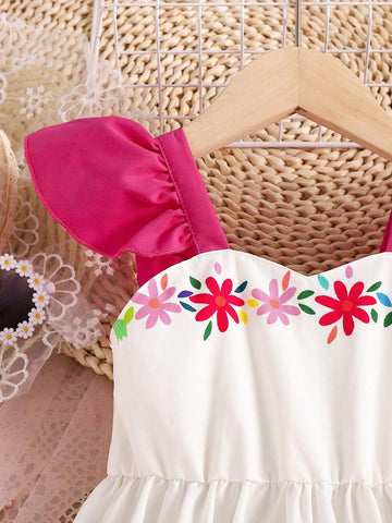 Young Girls' Stylish & Cute Floral Print Ruffle Armhole Dress With Vacation Style, Summer