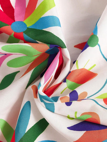 Young Girls' Stylish & Cute Floral Print Ruffle Armhole Dress With Vacation Style, Summer