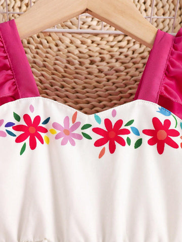 Young Girls' Stylish & Cute Floral Print Ruffle Armhole Dress With Vacation Style, Summer