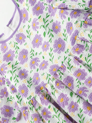 Young Girls' Summer 2024 New Sweet Flower Print Princess Puff Sleeve Dress