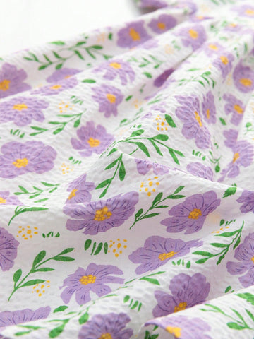 Young Girls' Summer 2024 New Sweet Flower Print Princess Puff Sleeve Dress