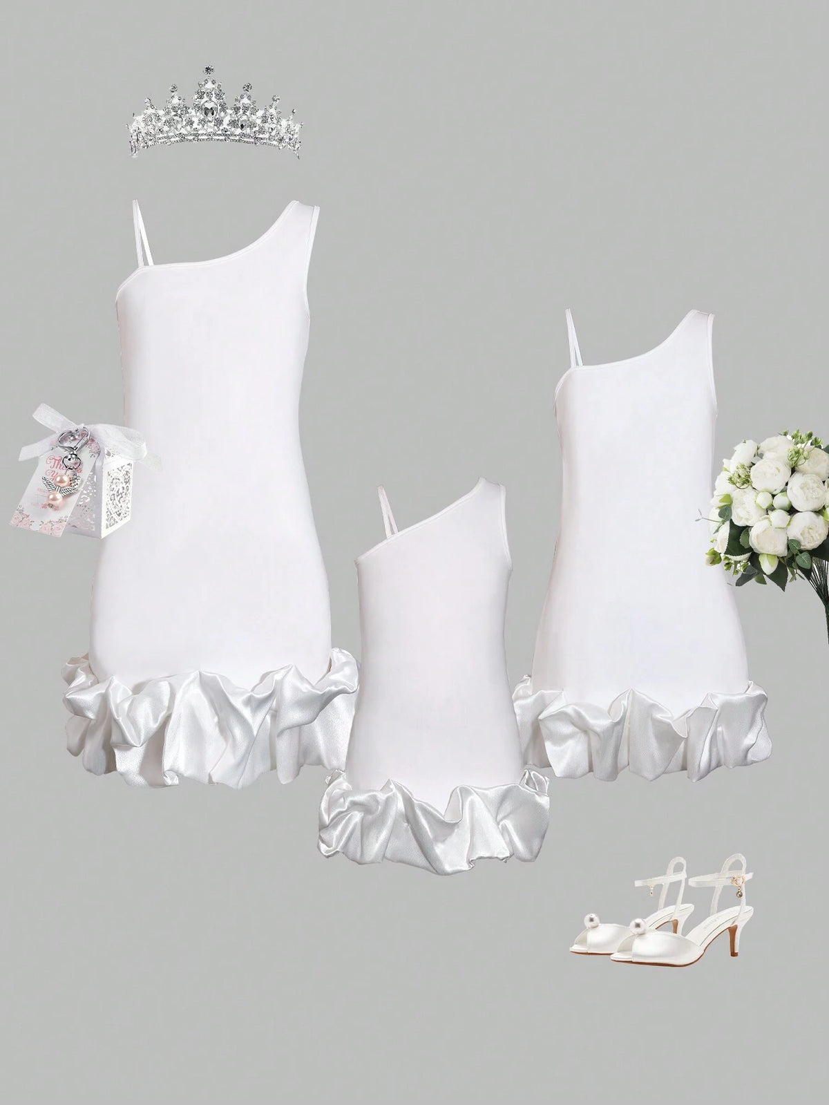 Young Girls' Summer Asymmetrical Collar Solid Color Sleeveless Dress With Ruffle Hem