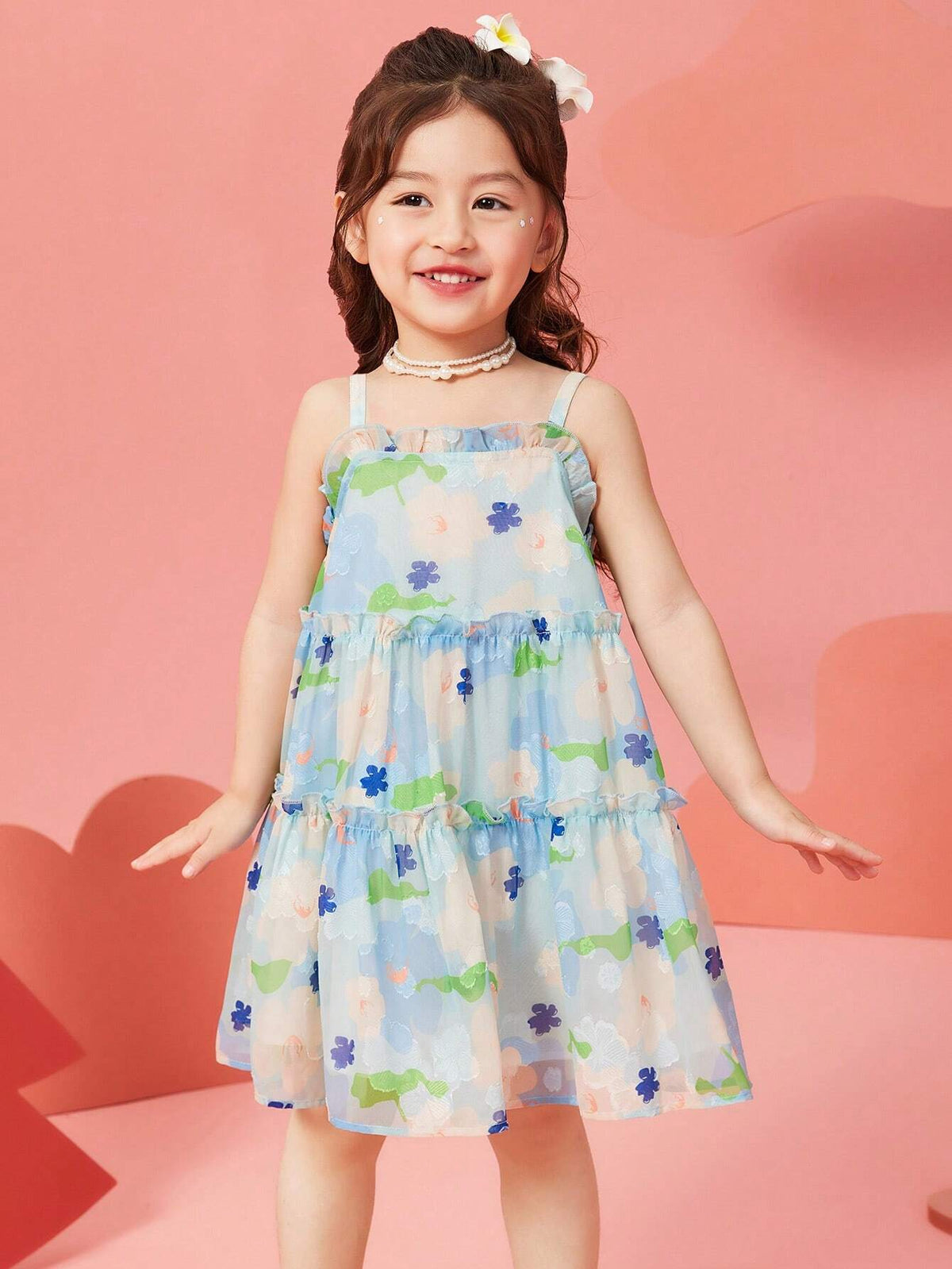 Young Girls' Summer Beach Style Floral Printed Frill Trimmed Spaghetti Strap Dress