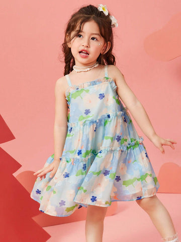 Young Girls' Summer Beach Style Floral Printed Frill Trimmed Spaghetti Strap Dress