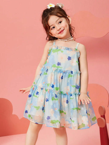 Young Girls' Summer Beach Style Floral Printed Frill Trimmed Spaghetti Strap Dress