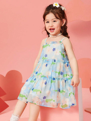 Young Girls' Summer Beach Style Floral Printed Frill Trimmed Spaghetti Strap Dress