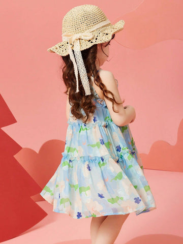 Young Girls' Summer Beach Style Floral Printed Frill Trimmed Spaghetti Strap Dress