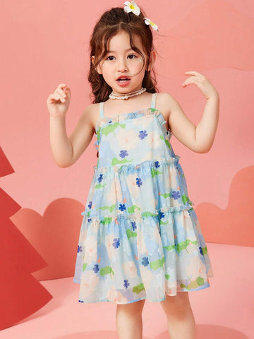 Young Girls' Summer Beach Style Floral Printed Frill Trimmed Spaghetti Strap Dress