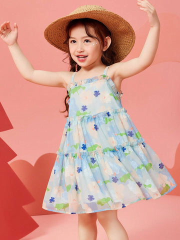 Young Girls' Summer Beach Style Floral Printed Frill Trimmed Spaghetti Strap Dress