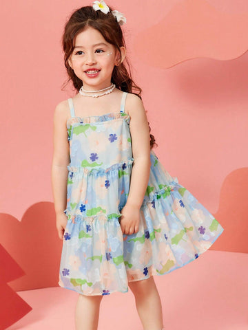 Young Girls' Summer Beach Style Floral Printed Frill Trimmed Spaghetti Strap Dress
