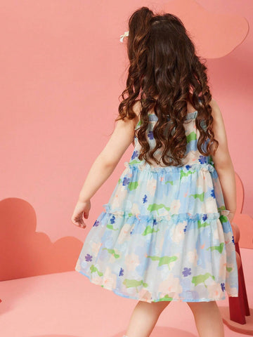 Young Girls' Summer Beach Style Floral Printed Frill Trimmed Spaghetti Strap Dress