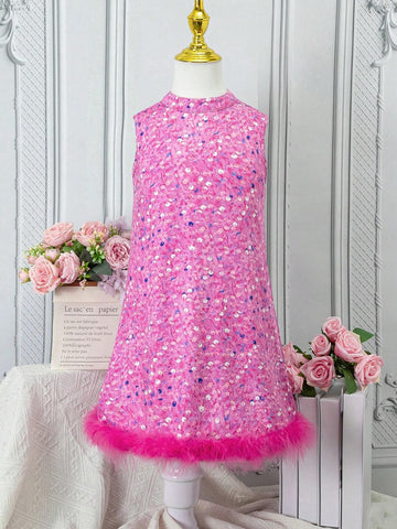 Young Girls' Summer Beaded Print Hem & Tassel Patchwork Sleeveless Dress