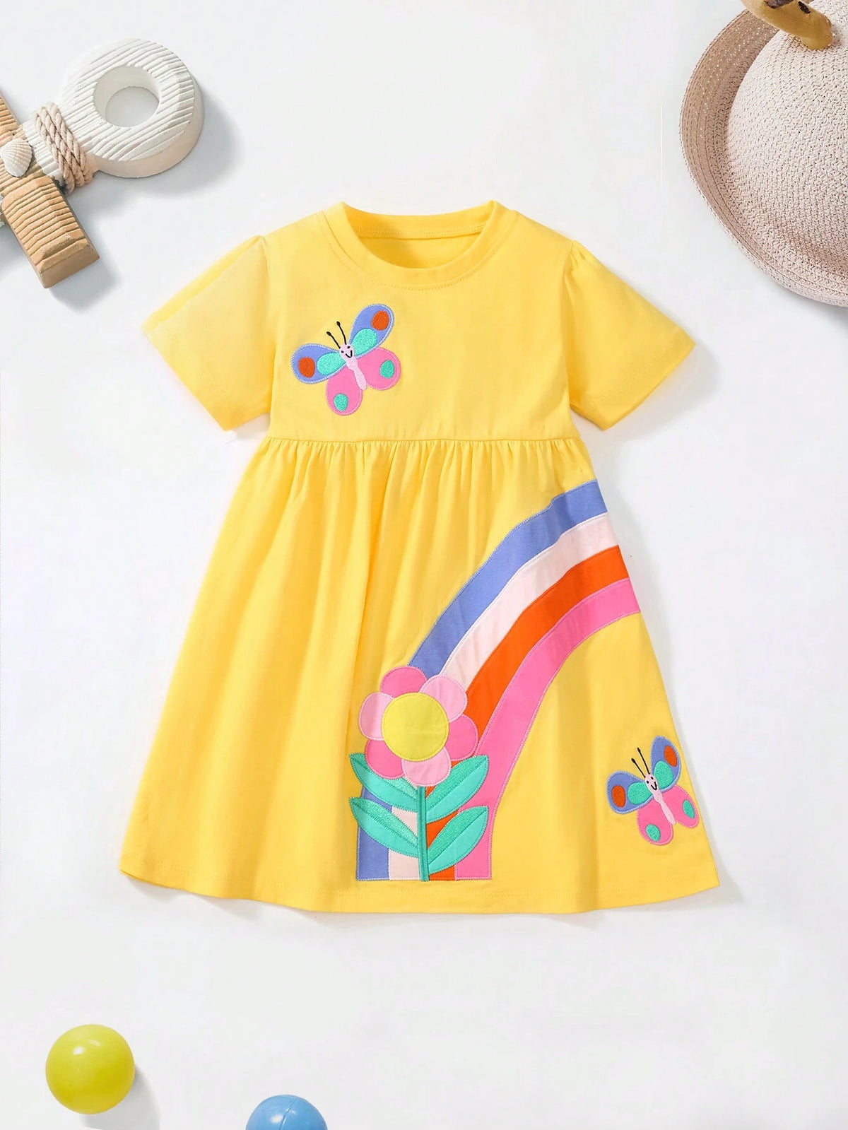 Young Girls' Summer Breathable Rural Style Butterfly, Flower, Rainbow Embroidered Short Sleeve Dress