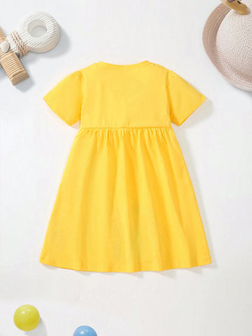 Young Girls' Summer Breathable Rural Style Butterfly, Flower, Rainbow Embroidered Short Sleeve Dress