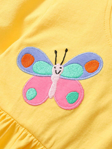 Young Girls' Summer Breathable Rural Style Butterfly, Flower, Rainbow Embroidered Short Sleeve Dress