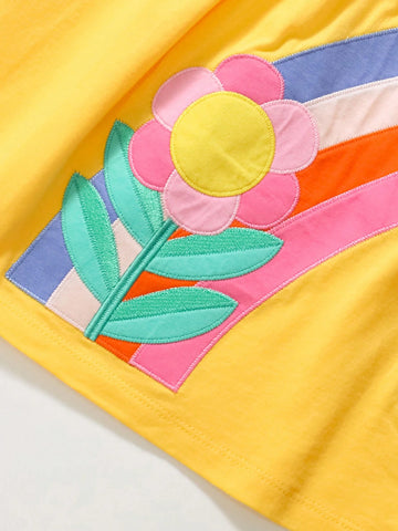 Young Girls' Summer Breathable Rural Style Butterfly, Flower, Rainbow Embroidered Short Sleeve Dress